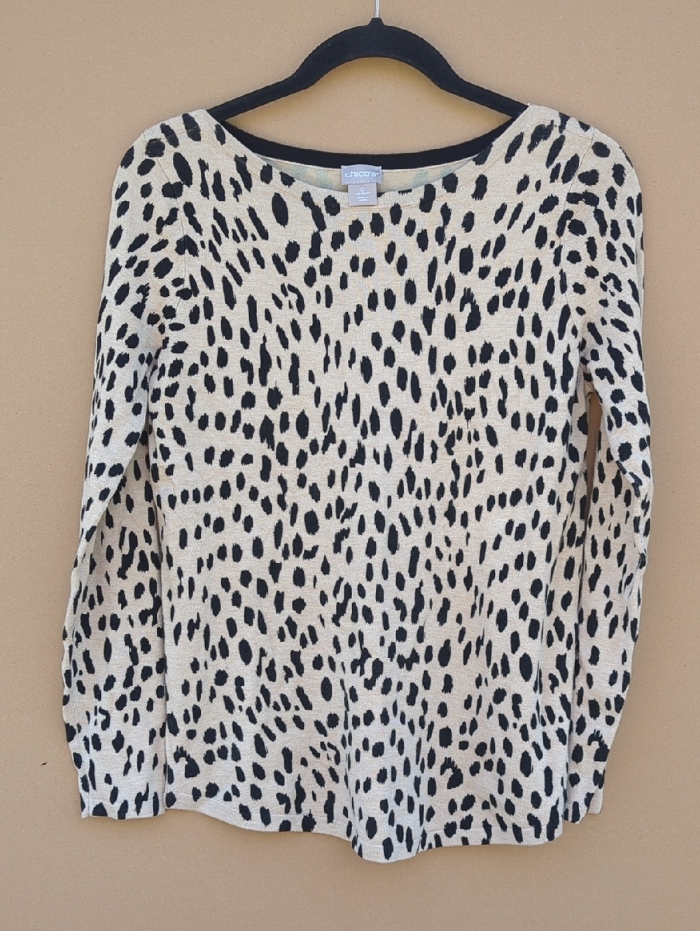 Chico's Sweater Tan Black Small Women's Long Sleeve Rayon Lightweight Boat Neck